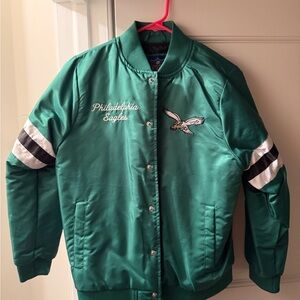 NFL Green Satin Kids Jean-Style Team Jacket with White & Black Sleeve Stripes